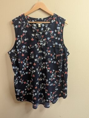 Croft & Barrow Women’s 2X Navy Floral Sleeveless Blouse Lightweight Button Front